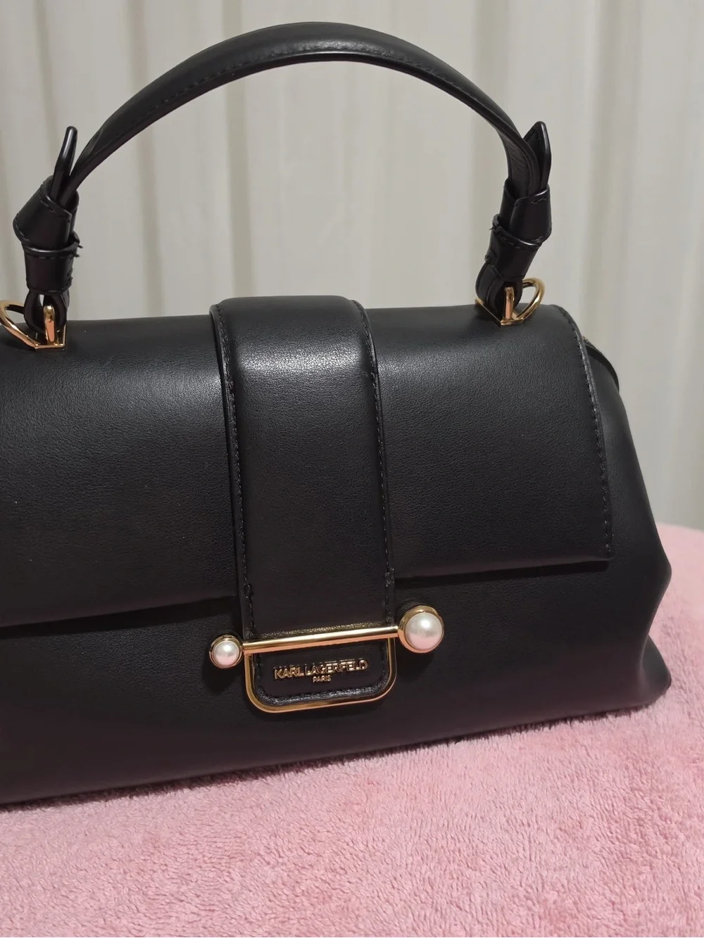 Karl Lagerfeld Black Leather Satchel with Pearl and Gold Accents - Picture 7 of 13